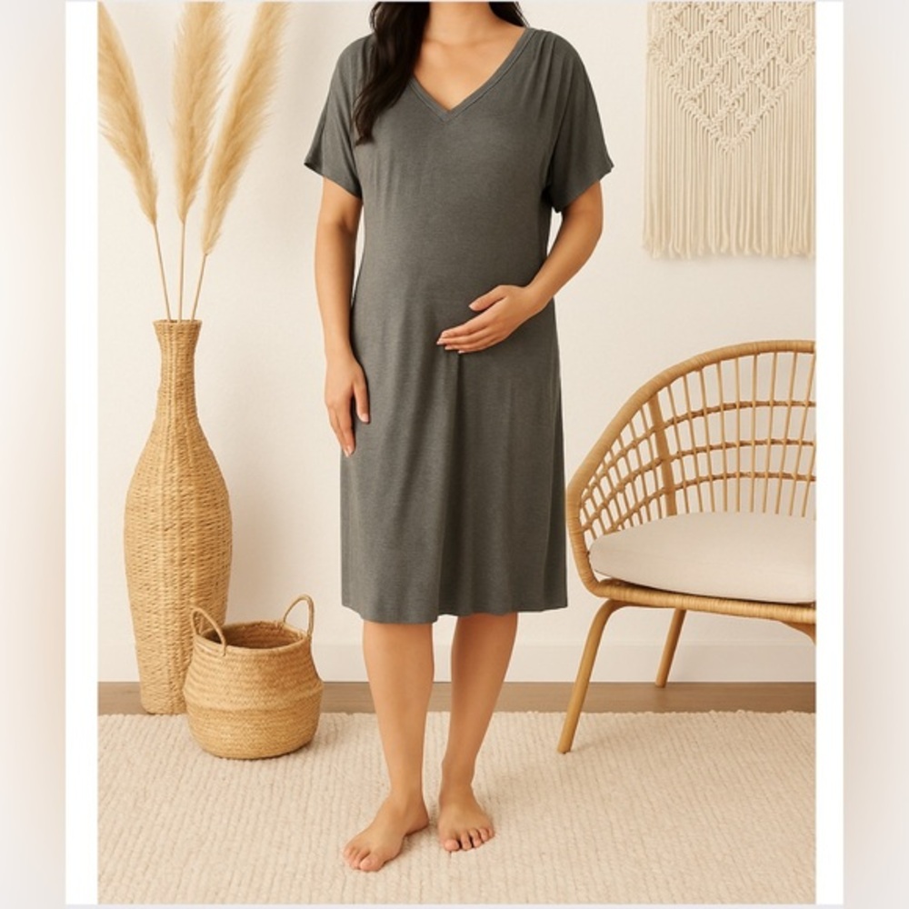Hatch Gray Double V-Neck Maternity Soft Stretch Casual Lounge Shift Dress